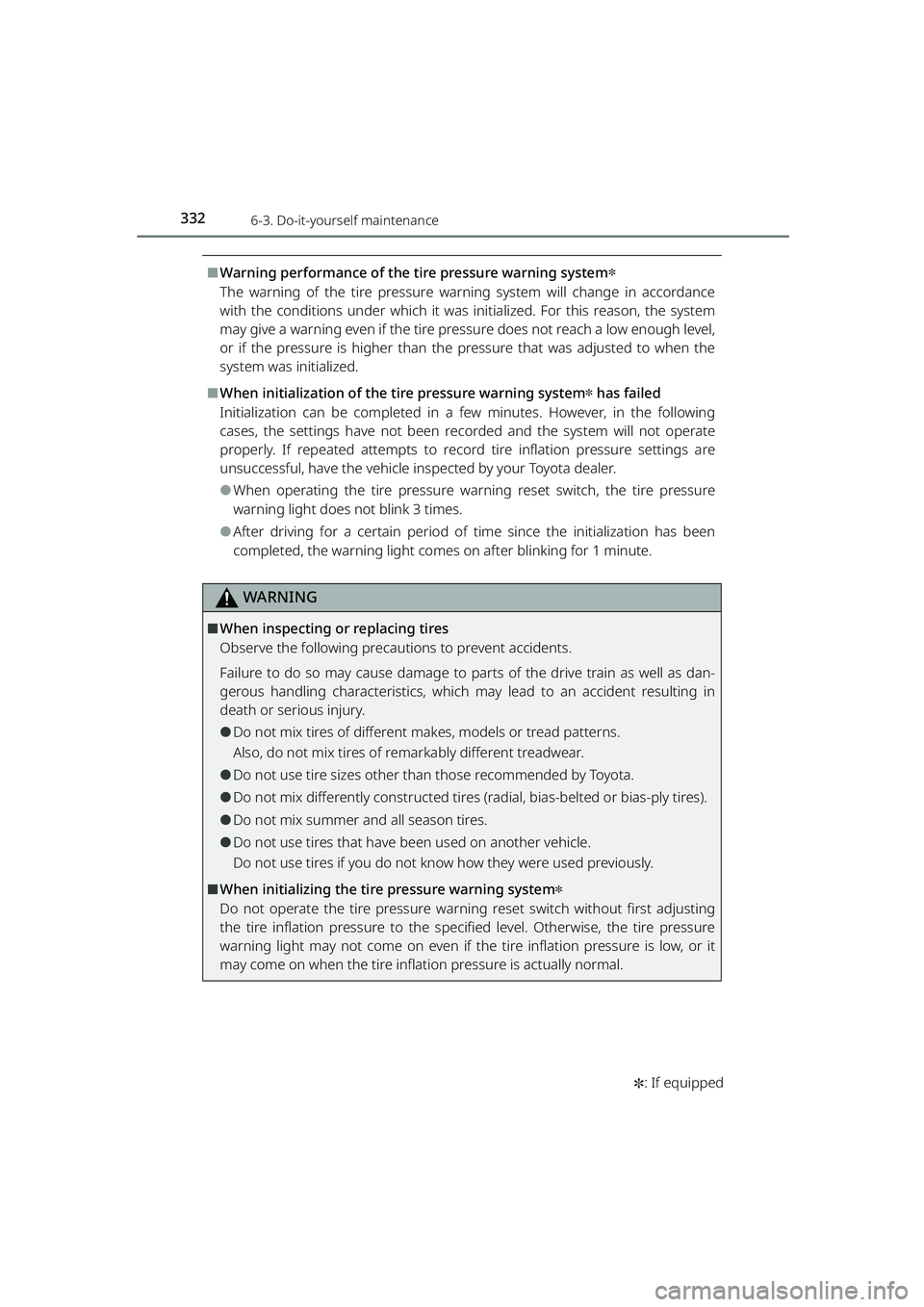 TOYOTA RAIZE 2023 Owners Manual 3326-3. Do-it-yourself maintenance
RAIZE_OM_General_BZ358E
✽: If equipped
⬛Warning performance of the tire pressure warning system✽
The warning of the tire pressure warning system will change in TOYOTA RAIZE 2023 Owners Manual 3326-3. Do-it-yourself maintenance
RAIZE_OM_General_BZ358E
✽: If equipped
⬛Warning performance of the tire pressure warning system✽
The warning of the tire pressure warning system will change in