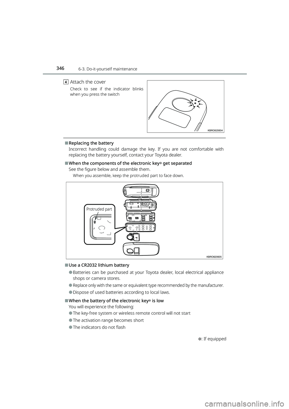 TOYOTA RAIZE 2023 Owners Manual 3466-3. Do-it-yourself maintenance
RAIZE_OM_General_BZ358E✽
: If equipped
d Attach the cover
Check to see if the indicator blinks
when you press the switch
⬛Replacing the battery
Incorrect hand TOYOTA RAIZE 2023 Owners Manual 3466-3. Do-it-yourself maintenance
RAIZE_OM_General_BZ358E✽
: If equipped
d Attach the cover
Check to see if the indicator blinks
when you press the switch
⬛Replacing the battery
Incorrect hand
