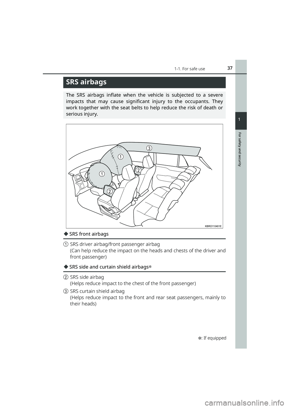 TOYOTA RAIZE 2023 Owners Guide 371-1. For safe use
RAIZE_OM_General_BZ358E✽
: If equipped
For safety and security
1
SRS airbags
The SRS airbags inflate when the vehicle is subjected to a severe
impacts that may cause significan t TOYOTA RAIZE 2023 Owners Guide 371-1. For safe use
RAIZE_OM_General_BZ358E✽
: If equipped
For safety and security
1
SRS airbags
The SRS airbags inflate when the vehicle is subjected to a severe
impacts that may cause significan t
