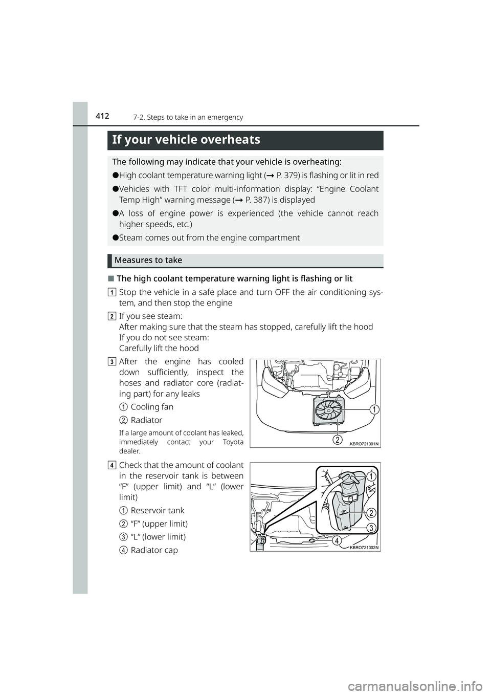 TOYOTA RAIZE 2023 Service Manual 4127-2. Steps to take in an emergency
RAIZE_OM_General_BZ358E
If your vehicle overheats
The following may indicate that your vehicle is overheating:
⚫High coolant temperat ure warning light (➞P. 3 TOYOTA RAIZE 2023 Service Manual 4127-2. Steps to take in an emergency
RAIZE_OM_General_BZ358E
If your vehicle overheats
The following may indicate that your vehicle is overheating:
⚫High coolant temperat ure warning light (➞P. 3