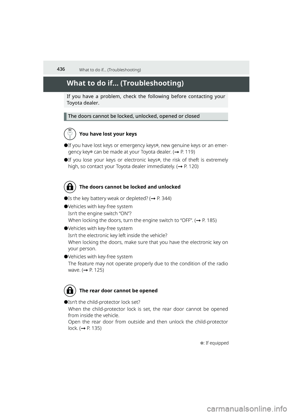TOYOTA RAIZE 2023 Service Manual 436
RAIZE_OM_General_BZ358E✽
: If equipped
What to do if... (Troubleshooting)
What to do if... (Troubleshooting)
If you have a problem, check the following before contacting your
Toyota dealer.
The TOYOTA RAIZE 2023 Service Manual 436
RAIZE_OM_General_BZ358E✽
: If equipped
What to do if... (Troubleshooting)
What to do if... (Troubleshooting)
If you have a problem, check the following before contacting your
Toyota dealer.
The