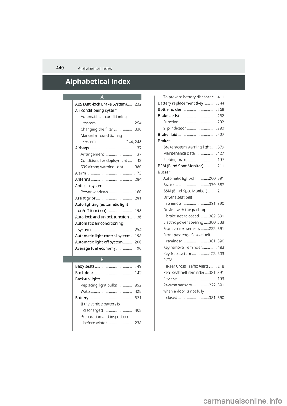 TOYOTA RAIZE 2023  Owners Manual 440
RAIZE_OM_General_BZ358E
Alphabetical index
Alphabetical index
A
ABS (Anti-lock Brake System)........ 232
Air conditioning system Automatic air conditioning system .................................