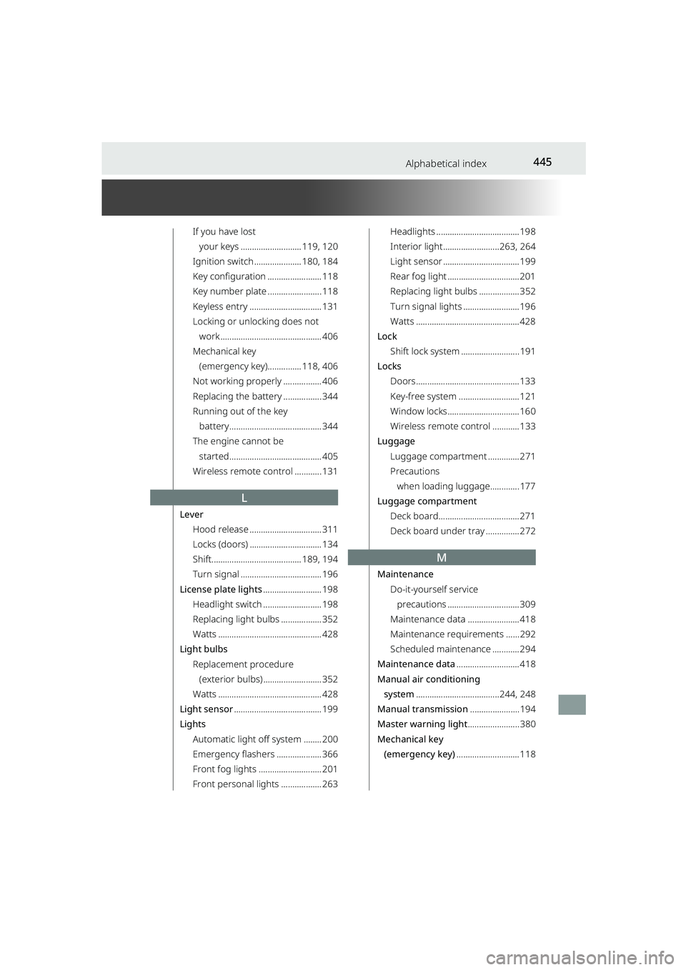 TOYOTA RAIZE 2023 Repair Manual 445Alphabetical index
RAIZE_OM_General_BZ358E
If you have lost your keys ........... ................ 119, 120
Ignition switch ..... ................ 180, 184
Key configuration ....................... TOYOTA RAIZE 2023 Repair Manual 445Alphabetical index
RAIZE_OM_General_BZ358E
If you have lost your keys ........... ................ 119, 120
Ignition switch ..... ................ 180, 184
Key configuration .......................