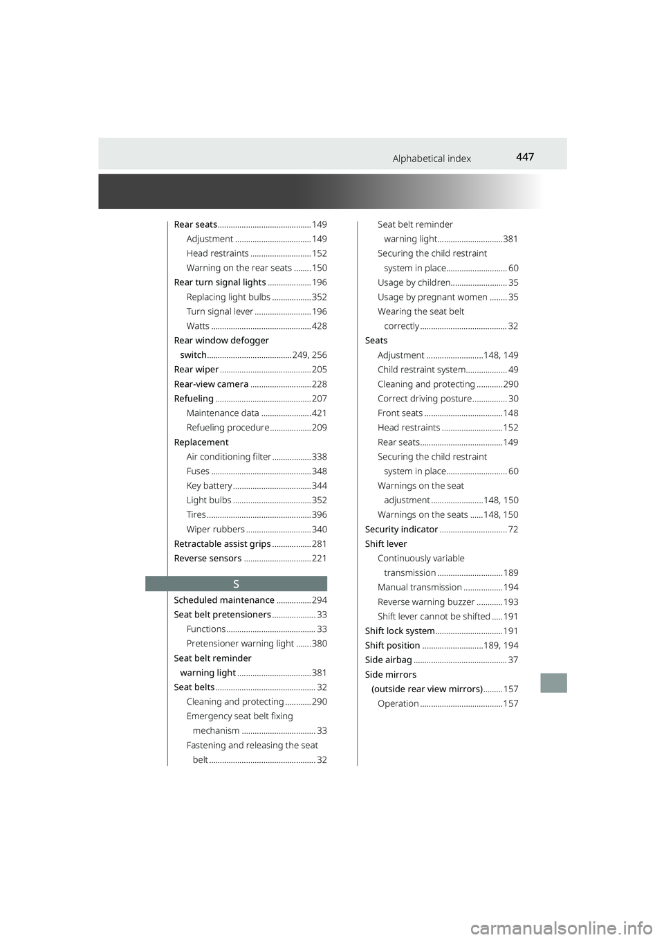 TOYOTA RAIZE 2023 Owners Guide 447Alphabetical index
RAIZE_OM_General_BZ358E
Rear seats........................................... 149
Adjustment ................................... 149
Head restraints ............................ TOYOTA RAIZE 2023 Owners Guide 447Alphabetical index
RAIZE_OM_General_BZ358E
Rear seats........................................... 149
Adjustment ................................... 149
Head restraints ............................