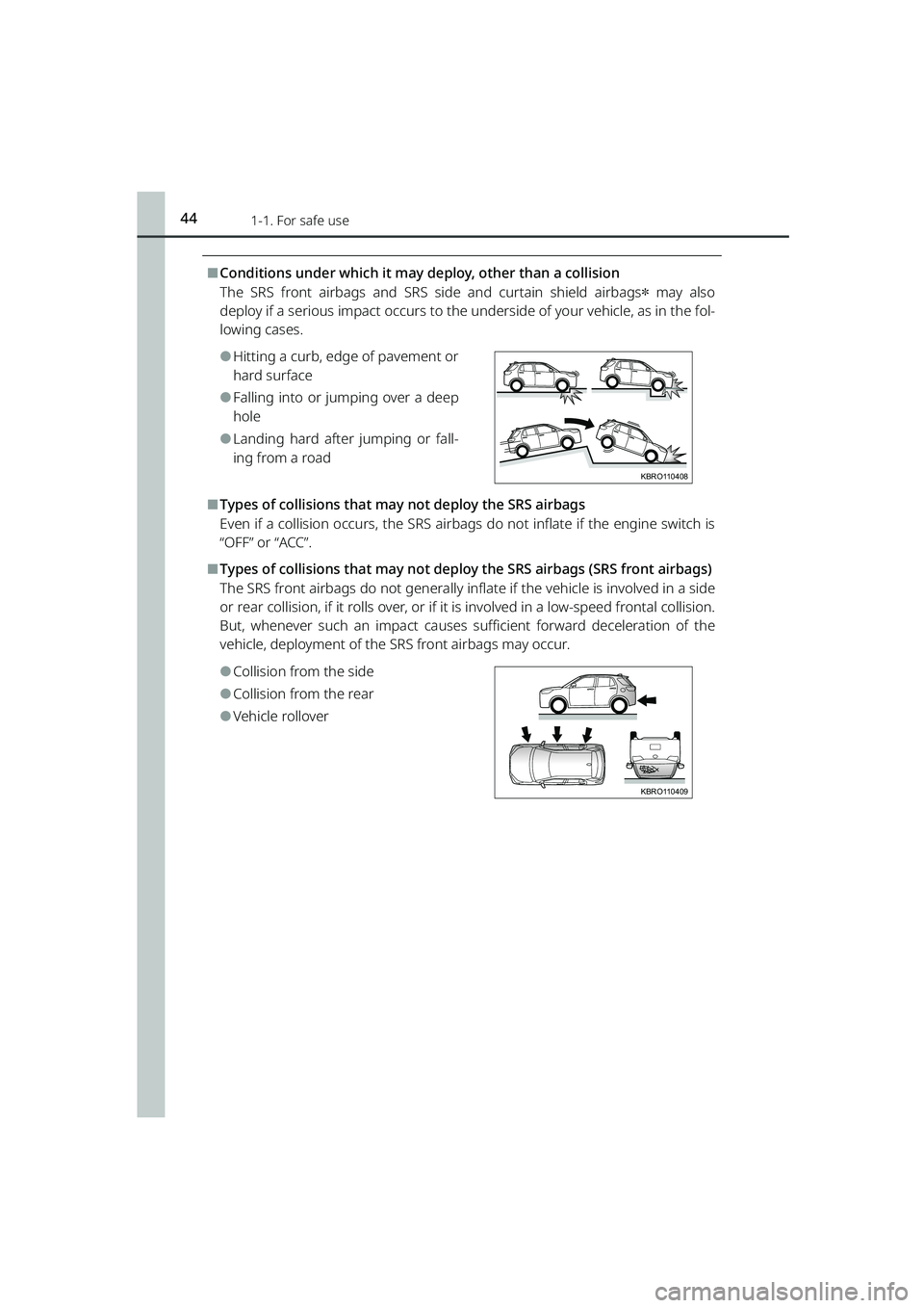TOYOTA RAIZE 2023 Owners Manual 441-1. For safe use
RAIZE_OM_General_BZ358E
⬛Conditions under which it may deploy, other than a collision
The SRS front airbags and SRS side and curtain shield airbags
✽ may also
deploy if a serio TOYOTA RAIZE 2023 Owners Manual 441-1. For safe use
RAIZE_OM_General_BZ358E
⬛Conditions under which it may deploy, other than a collision
The SRS front airbags and SRS side and curtain shield airbags
✽ may also
deploy if a serio