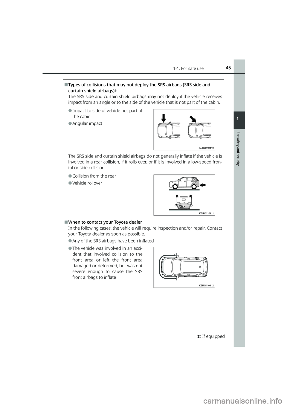 TOYOTA RAIZE 2023 Service Manual 451-1. For safe use
RAIZE_OM_General_BZ358E
✽: If equipped
For safety and security
1
⬛Types of collisions that may not deploy the SRS airbags (SRS side and
curtain shield airbags)
✽
The SRS sid TOYOTA RAIZE 2023 Service Manual 451-1. For safe use
RAIZE_OM_General_BZ358E
✽: If equipped
For safety and security
1
⬛Types of collisions that may not deploy the SRS airbags (SRS side and
curtain shield airbags)
✽
The SRS sid