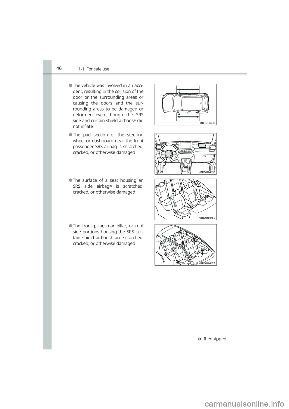 TOYOTA RAIZE 2023 Service Manual 461-1. For safe use
RAIZE_OM_General_BZ358E
✽: If equipped
⚫The vehicle was involved in an acci-
dent, resulting in the collision of the
door or the surrounding areas or
causing the doors and the TOYOTA RAIZE 2023 Service Manual 461-1. For safe use
RAIZE_OM_General_BZ358E
✽: If equipped
⚫The vehicle was involved in an acci-
dent, resulting in the collision of the
door or the surrounding areas or
causing the doors and the