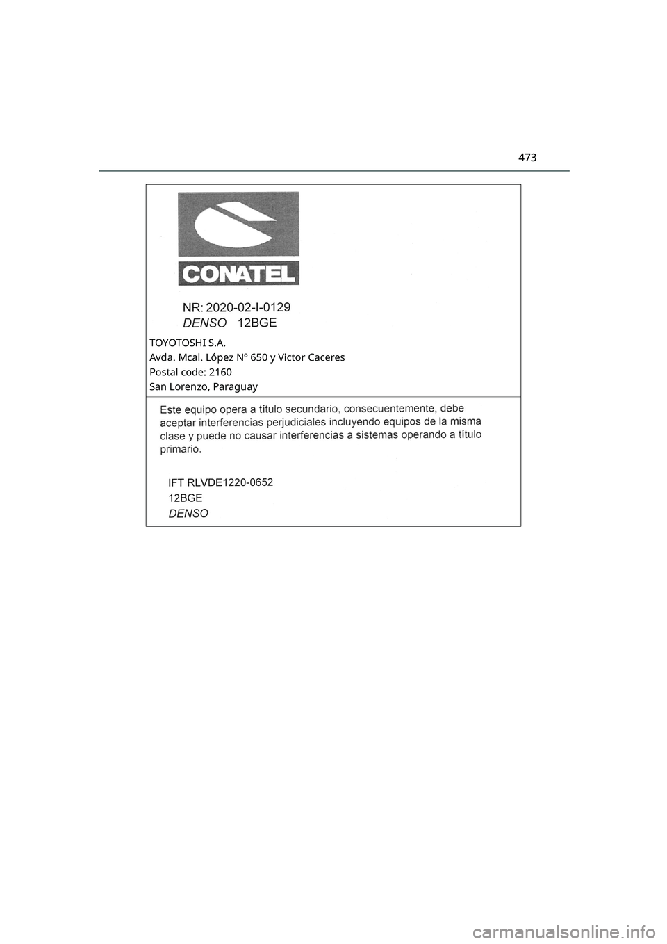 TOYOTA RAIZE 2023 Owners Manual 473
RAIZE_OM_General_BZ358E
TOYOTOSHI S.A.
Avda. Mcal. López Nº 650 y Victor Caceres
Postal code: 2160
San Lorenzo, Paraguay
RAIZE_OM_General_BZ358E.book 473 ページ 2022年5月17 TOYOTA RAIZE 2023 Owners Manual 473
RAIZE_OM_General_BZ358E
TOYOTOSHI S.A.
Avda. Mcal. López Nº 650 y Victor Caceres
Postal code: 2160
San Lorenzo, Paraguay
RAIZE_OM_General_BZ358E.book 473 ページ 2022年5月17
