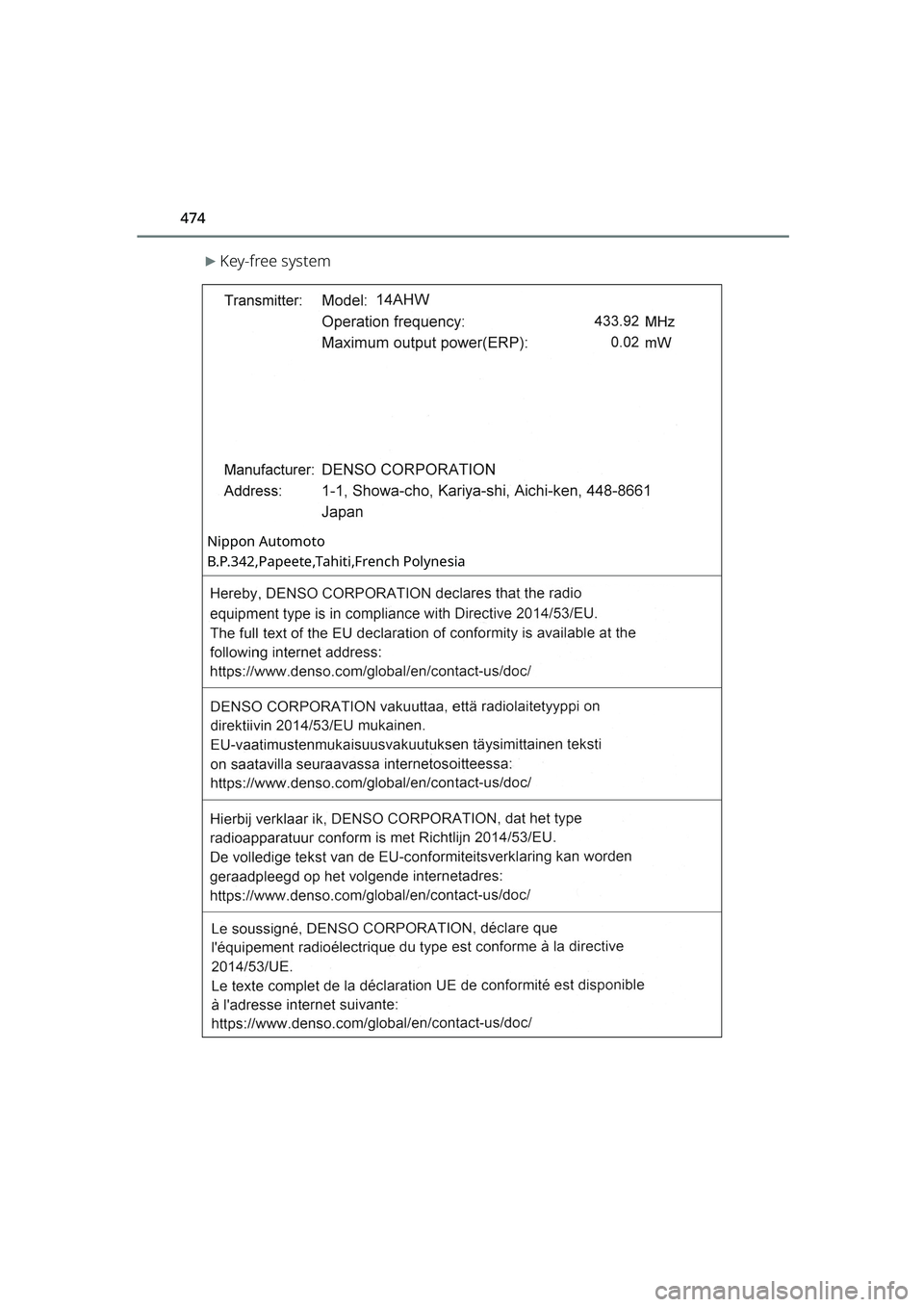 TOYOTA RAIZE 2023 Owners Manual 474
RAIZE_OM_General_BZ358E
▶Key-free system
Nippon Automoto
B.P.342,Papeete,Tahiti,French Polynesia
RAIZE_OM_General_BZ358E.book 474 ページ 2022年5月17日 火曜日 午後 TOYOTA RAIZE 2023 Owners Manual 474
RAIZE_OM_General_BZ358E
▶Key-free system
Nippon Automoto
B.P.342,Papeete,Tahiti,French Polynesia
RAIZE_OM_General_BZ358E.book 474 ページ 2022年5月17日 火曜日 午後