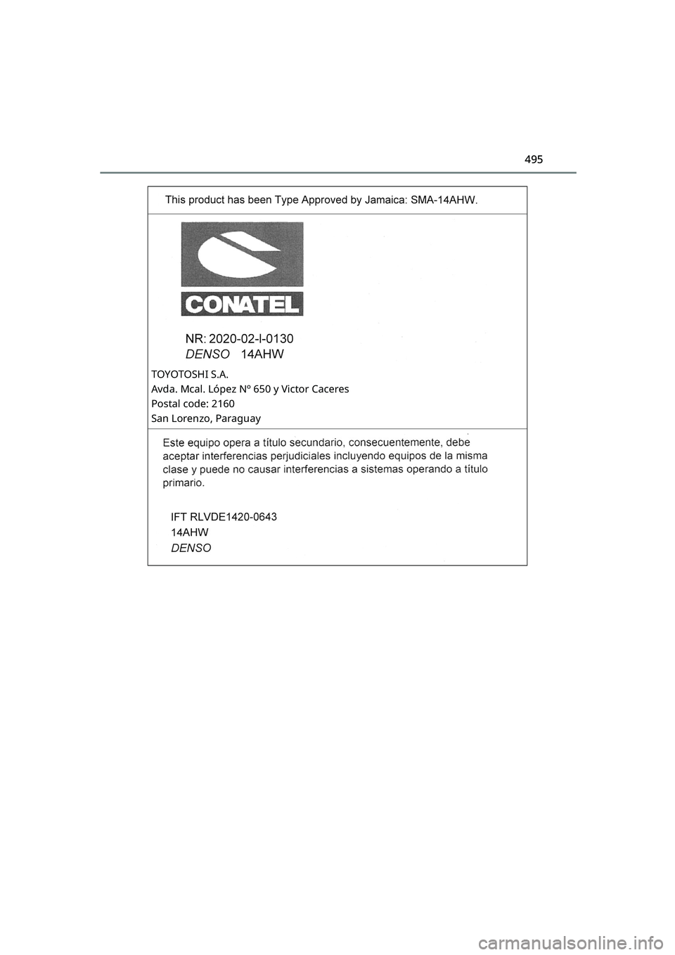 TOYOTA RAIZE 2023 Owners Manual 495
RAIZE_OM_General_BZ358E
TOYOTOSHI S.A.
Avda. Mcal. López Nº 650 y Victor Caceres
Postal code: 2160
San Lorenzo, Paraguay
RAIZE_OM_General_BZ358E.book 495 ページ 2022年5月17 TOYOTA RAIZE 2023 Owners Manual 495
RAIZE_OM_General_BZ358E
TOYOTOSHI S.A.
Avda. Mcal. López Nº 650 y Victor Caceres
Postal code: 2160
San Lorenzo, Paraguay
RAIZE_OM_General_BZ358E.book 495 ページ 2022年5月17