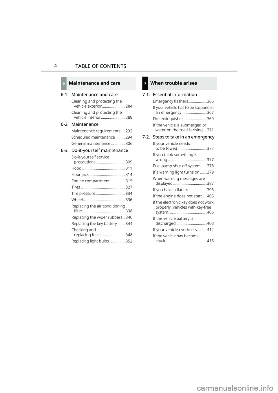 TOYOTA RAIZE 2023  Owners Manual 4
RAIZE_OM_General_BZ358E
TABLE OF CONTENTS
 6 Maintenance and care
6-1. Maintenance and care
Cleaning and protecting the vehicle exterior ........................ 284
Cleaning and protecting the  veh