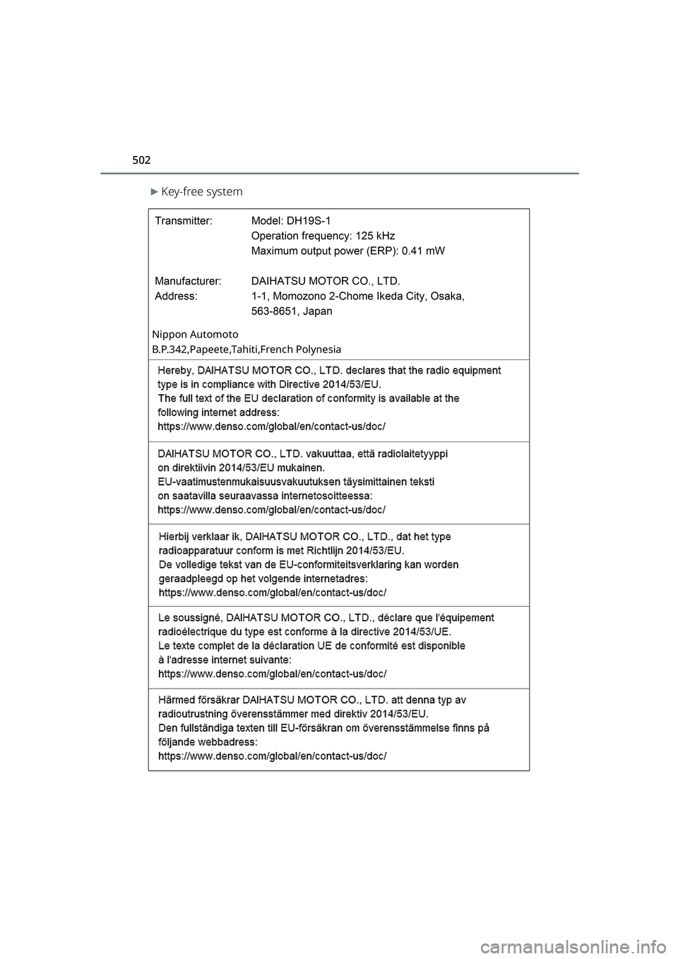 TOYOTA RAIZE 2023 Owners Manual 502
RAIZE_OM_General_BZ358E
▶Key-free system
Nippon Automoto
B.P.342,Papeete,Tahiti,French Polynesia
RAIZE_OM_General_BZ358E.book 502 ページ 2022年5月17日 火曜日 午後 TOYOTA RAIZE 2023 Owners Manual 502
RAIZE_OM_General_BZ358E
▶Key-free system
Nippon Automoto
B.P.342,Papeete,Tahiti,French Polynesia
RAIZE_OM_General_BZ358E.book 502 ページ 2022年5月17日 火曜日 午後
