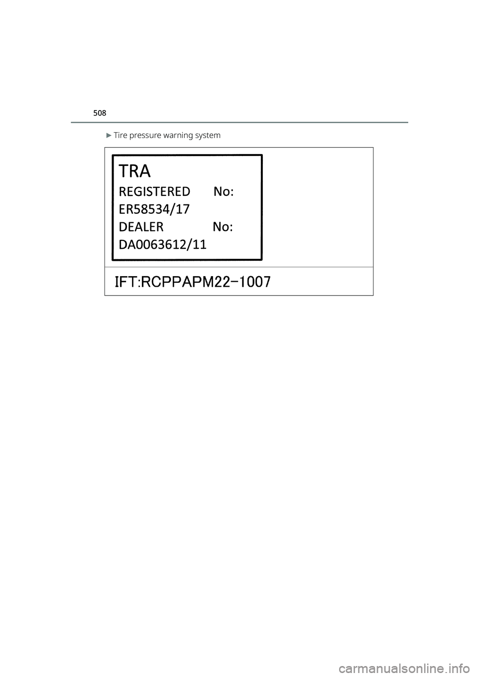 TOYOTA RAIZE 2023 Owners Manual 508
RAIZE_OM_General_BZ358E
▶Tire pressure warning system
Certifications.fm 508 ページ 2022年6月13日 月曜日 午後6時12分 TOYOTA RAIZE 2023 Owners Manual 508
RAIZE_OM_General_BZ358E
▶Tire pressure warning system
Certifications.fm 508 ページ 2022年6月13日 月曜日 午後6時12分