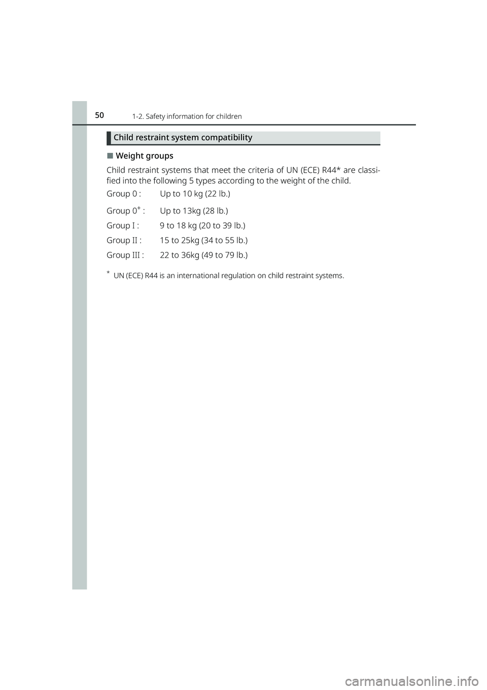 TOYOTA RAIZE 2023 Workshop Manual 501-2. Safety information for children
RAIZE_OM_General_BZ358E
Child restraint system compatibility
⬛Weight groups
Child restraint systems that meet the cr iteria of UN (ECE) R44* are classi-
fied i TOYOTA RAIZE 2023 Workshop Manual 501-2. Safety information for children
RAIZE_OM_General_BZ358E
Child restraint system compatibility
⬛Weight groups
Child restraint systems that meet the cr iteria of UN (ECE) R44* are classi-
fied i