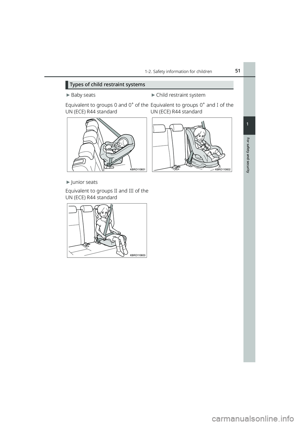 TOYOTA RAIZE 2023 Workshop Manual 511-2. Safety information for children
RAIZE_OM_General_BZ358E
For safety and security
1
Types of child restraint systems
▶Baby seats
Equivalent to groups 0 and 0
+ of the
UN (ECE) R44 standard
▶C TOYOTA RAIZE 2023 Workshop Manual 511-2. Safety information for children
RAIZE_OM_General_BZ358E
For safety and security
1
Types of child restraint systems
▶Baby seats
Equivalent to groups 0 and 0
+ of the
UN (ECE) R44 standard
▶C