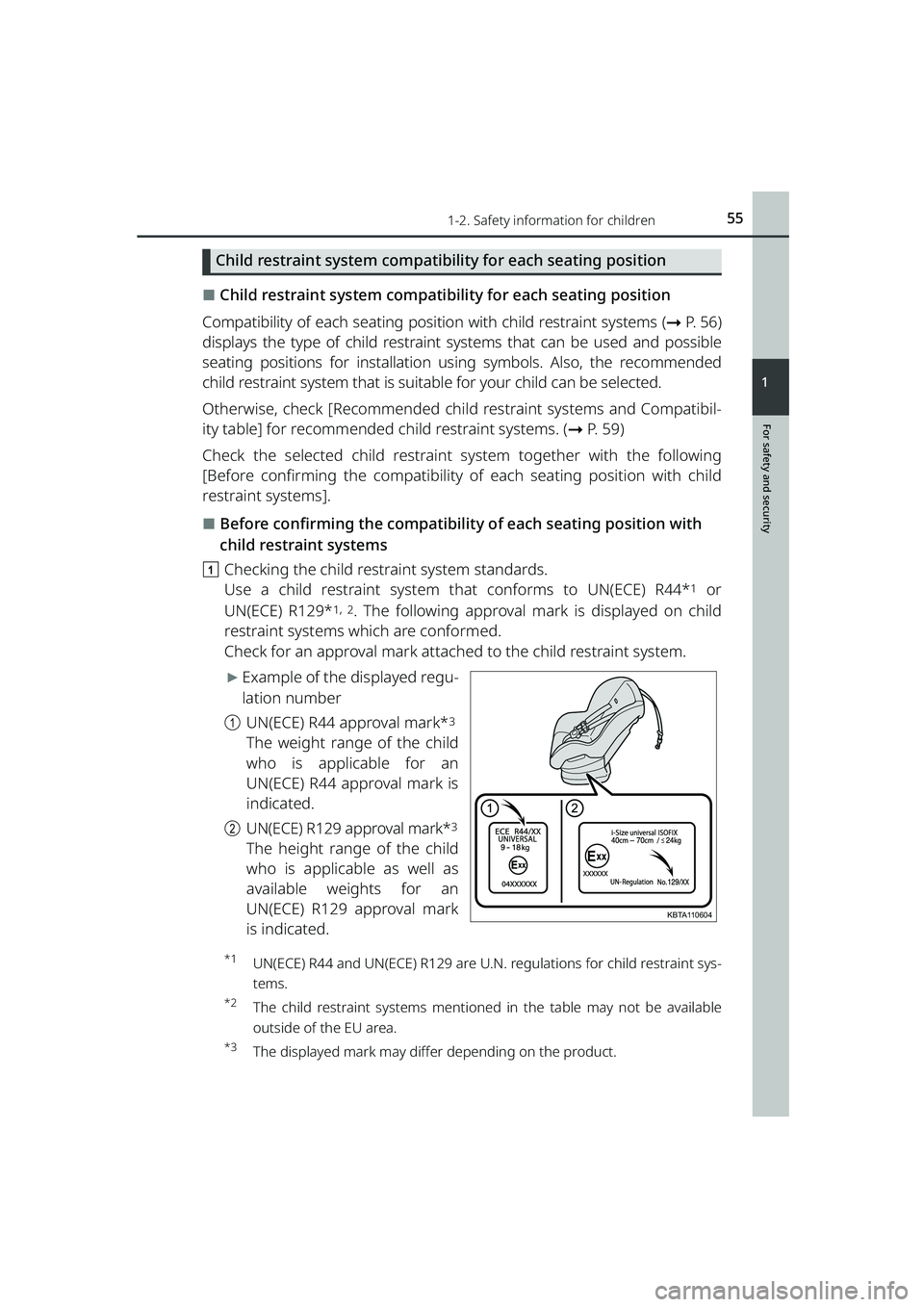 TOYOTA RAIZE 2023  Owners Manual 551-2. Safety information for children
RAIZE_OM_General_BZ358E
For safety and security
1
Child restraint system compatibility for each seating position
⬛Child restraint system compatibility for each