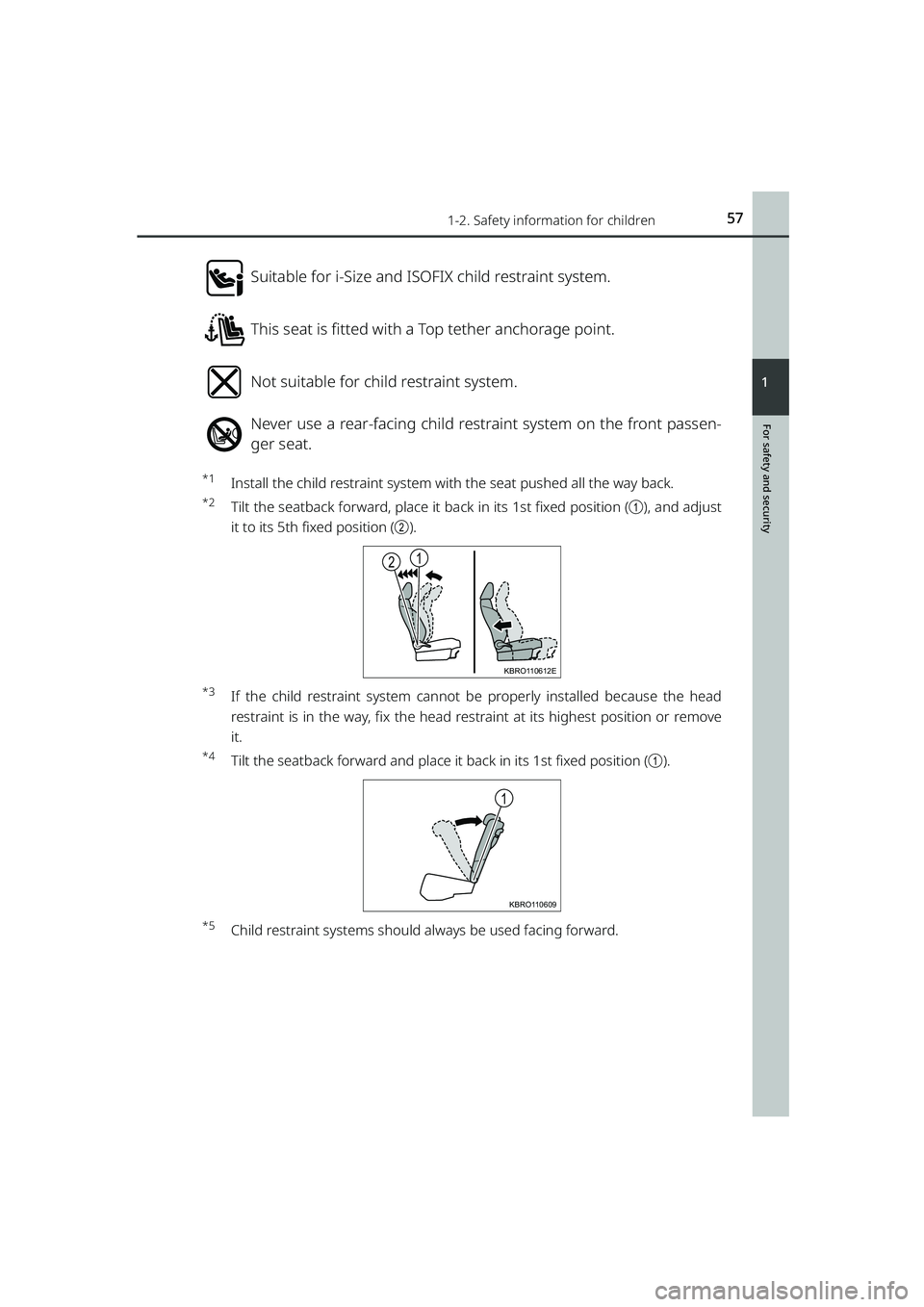 TOYOTA RAIZE 2023 Owners Manual 571-2. Safety information for children
RAIZE_OM_General_BZ358E
For safety and security
1
Suitable for i-Size and ISOFIX child restraint system.
This seat is fitted with a Top tether anchorage point. TOYOTA RAIZE 2023 Owners Manual 571-2. Safety information for children
RAIZE_OM_General_BZ358E
For safety and security
1
Suitable for i-Size and ISOFIX child restraint system.
This seat is fitted with a Top tether anchorage point.