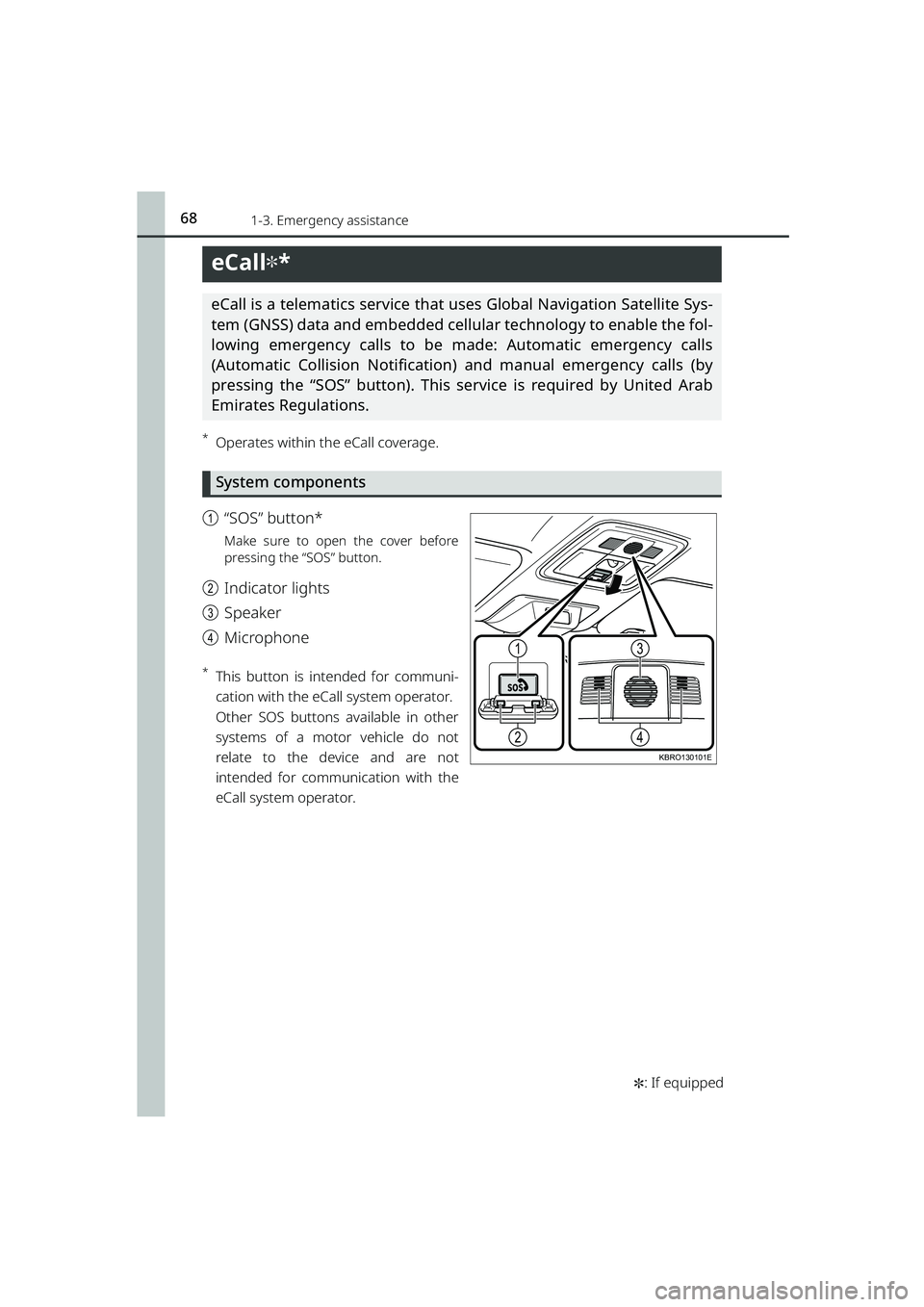 TOYOTA RAIZE 2023 Owners Manual 68
RAIZE_OM_General_BZ358E✽
: If equipped
1-3. Emergency assistance
eCall✽*
eCall is a telematics service that uses Global Navigation Satellite Sys-
tem (GNSS) data and embedded cellu lar technol TOYOTA RAIZE 2023 Owners Manual 68
RAIZE_OM_General_BZ358E✽
: If equipped
1-3. Emergency assistance
eCall✽*
eCall is a telematics service that uses Global Navigation Satellite Sys-
tem (GNSS) data and embedded cellu lar technol
