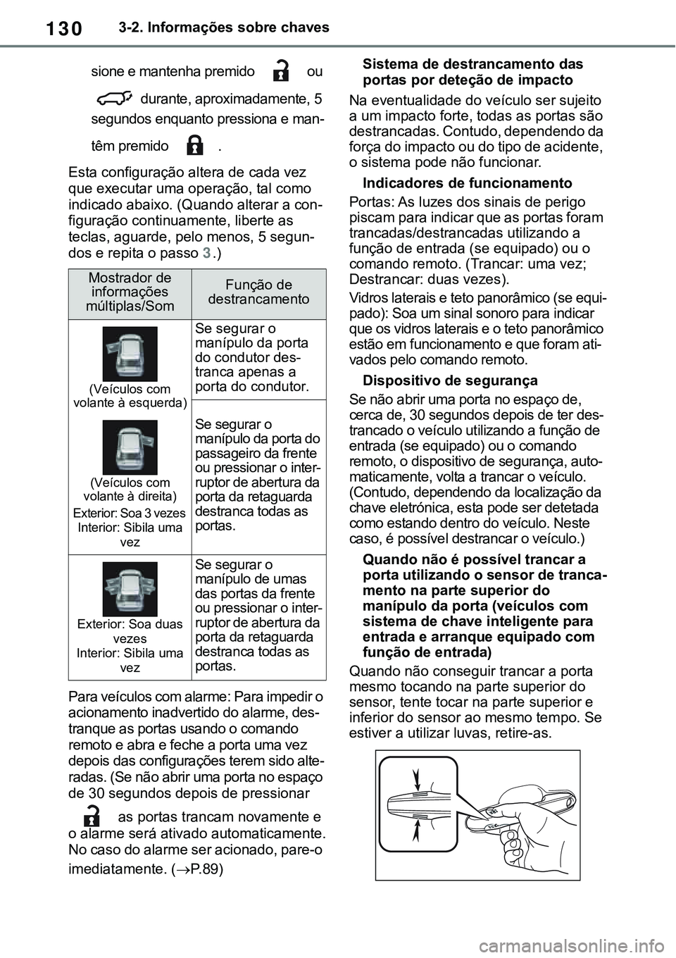 TOYOTA RAV4 2022 Manual de utilização (in Portuguese) 1303-2. Informações sobre chaves
sione e mantenha premido ou
durante, aproximadamente, 5
segundos enquanto pressiona e man-
têm premido .
Esta configuração altera de cada vez
que executar um TOYOTA RAV4 2022 Manual de utilização (in Portuguese) 1303-2. Informações sobre chaves
sione e mantenha premido ou
durante, aproximadamente, 5
segundos enquanto pressiona e man-
têm premido .
Esta configuração altera de cada vez
que executar um