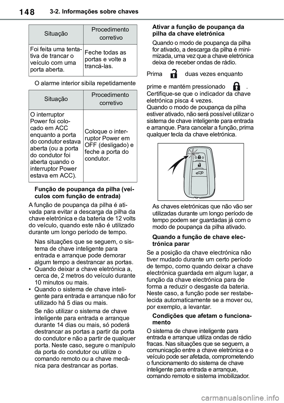 TOYOTA RAV4 2022 Manual de utilização (in Portuguese) 1483-2. Informações sobre chaves
O alarme interior sibila repetidamente
Função de poupança da pilha (veí-
culos com função de entrada)
A função de poupança da pilha é ati-
vada para evitar TOYOTA RAV4 2022 Manual de utilização (in Portuguese) 1483-2. Informações sobre chaves
O alarme interior sibila repetidamente
Função de poupança da pilha (veí-
culos com função de entrada)
A função de poupança da pilha é ati-
vada para evitar