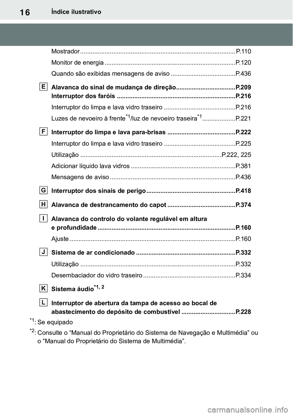 TOYOTA RAV4 2022 Manual de utilização (in Portuguese) 16Índice ilustrativo
Mostrador .........................................................................................P. 1 1 0
Monitor de energia ................................................... TOYOTA RAV4 2022 Manual de utilização (in Portuguese) 16Índice ilustrativo
Mostrador .........................................................................................P. 1 1 0
Monitor de energia ...................................................