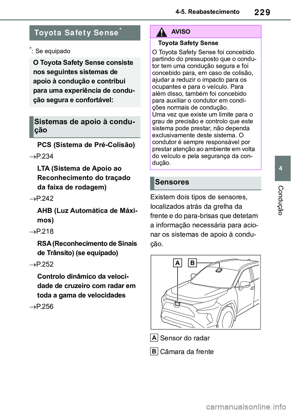 TOYOTA RAV4 2022  Manual de utilização (in Portuguese) 229
4 4-5. Reabastecimento
Condução
4-5.Using the driving support systems
*: Se equipado
PCS (Sistema de Pré-Colisão)
P. 2 3 4
LTA (Sistema de Apoio ao 
Reconhecimento do traçado 
da faixa de 