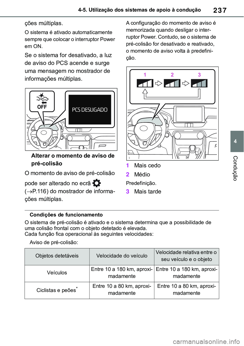 TOYOTA RAV4 2022  Manual de utilização (in Portuguese) 237
4 4-5. Utilização dos sistemas de apoio à condução
Condução
ções múltiplas.
O sistema é ativado automaticamente 
sempre que colocar o interruptor Power 
em ON.
Se o sistema for desativa