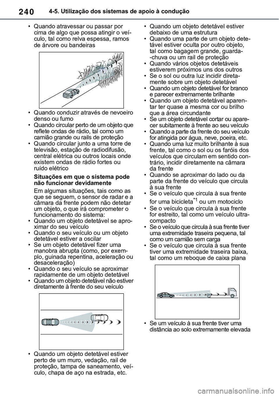 TOYOTA RAV4 2022 Manual de utilização (in Portuguese) 2404-5. Utilização dos sistemas de apoio à condução
• Quando atravessar ou passar por
cima de algo que possa atingir o veí-culo, tal como relva espessa, ramos
de árvore ou bandeiras
• Qua TOYOTA RAV4 2022 Manual de utilização (in Portuguese) 2404-5. Utilização dos sistemas de apoio à condução
• Quando atravessar ou passar por
cima de algo que possa atingir o veí-culo, tal como relva espessa, ramos
de árvore ou bandeiras
• Qua