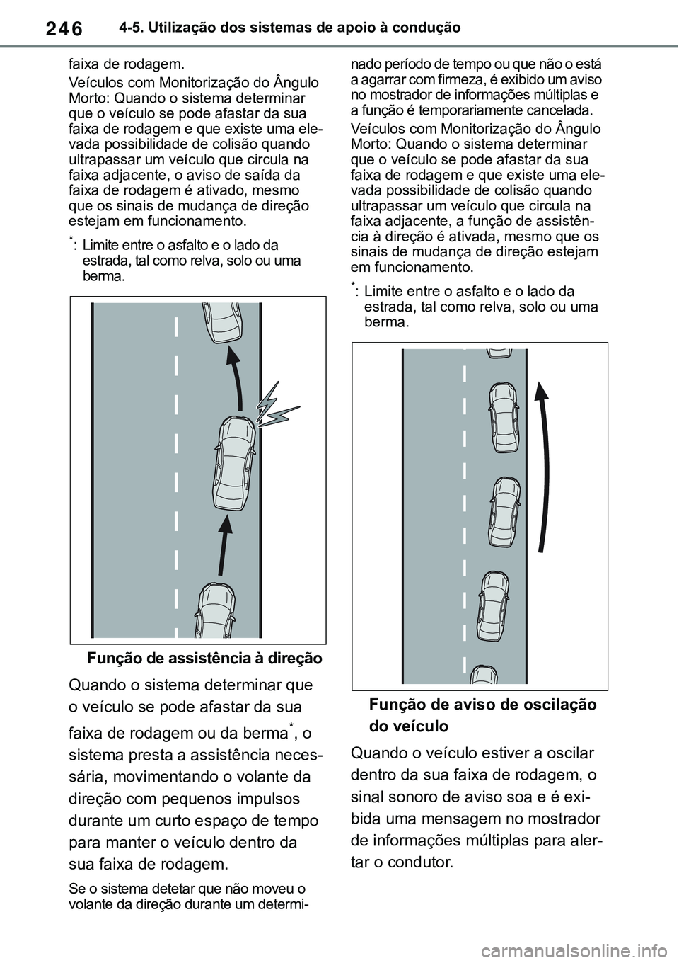 TOYOTA RAV4 2022  Manual de utilização (in Portuguese) 2464-5. Utilização dos sistemas de apoio à condução
faixa de rodagem.
Veículos com Monitorização do Ângulo 
Morto: Quando o sistema determinar 
que o veículo se pode afastar da sua 
faixa de