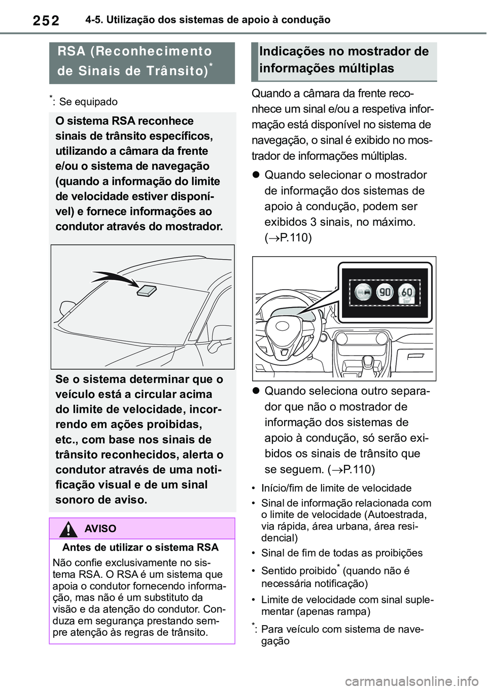 TOYOTA RAV4 2022  Manual de utilização (in Portuguese) 2524-5. Utilização dos sistemas de apoio à condução
*: Se equipadoQuando a câmara da frente reco-
nhece um sinal e/ou a respetiva infor-
mação está disponível no sistema de 
navegação, o s