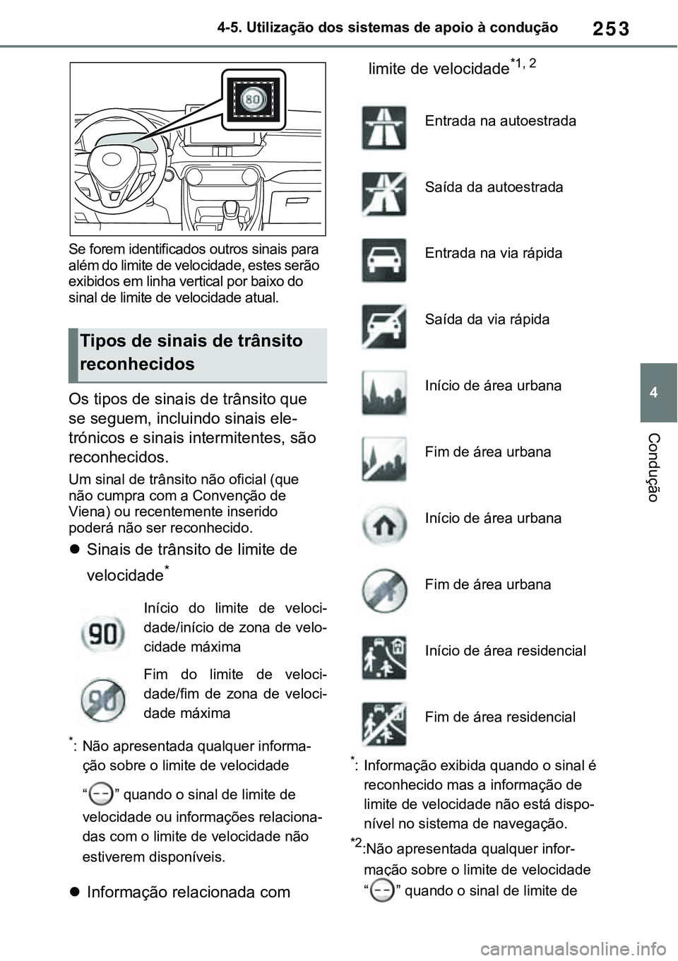 TOYOTA RAV4 2022  Manual de utilização (in Portuguese) 253
4 4-5. Utilização dos sistemas de apoio à condução
Condução
Se forem identificados outros sinais para 
além do limite de velocidade, estes serão 
exibidos em linha vertical por baixo do 
