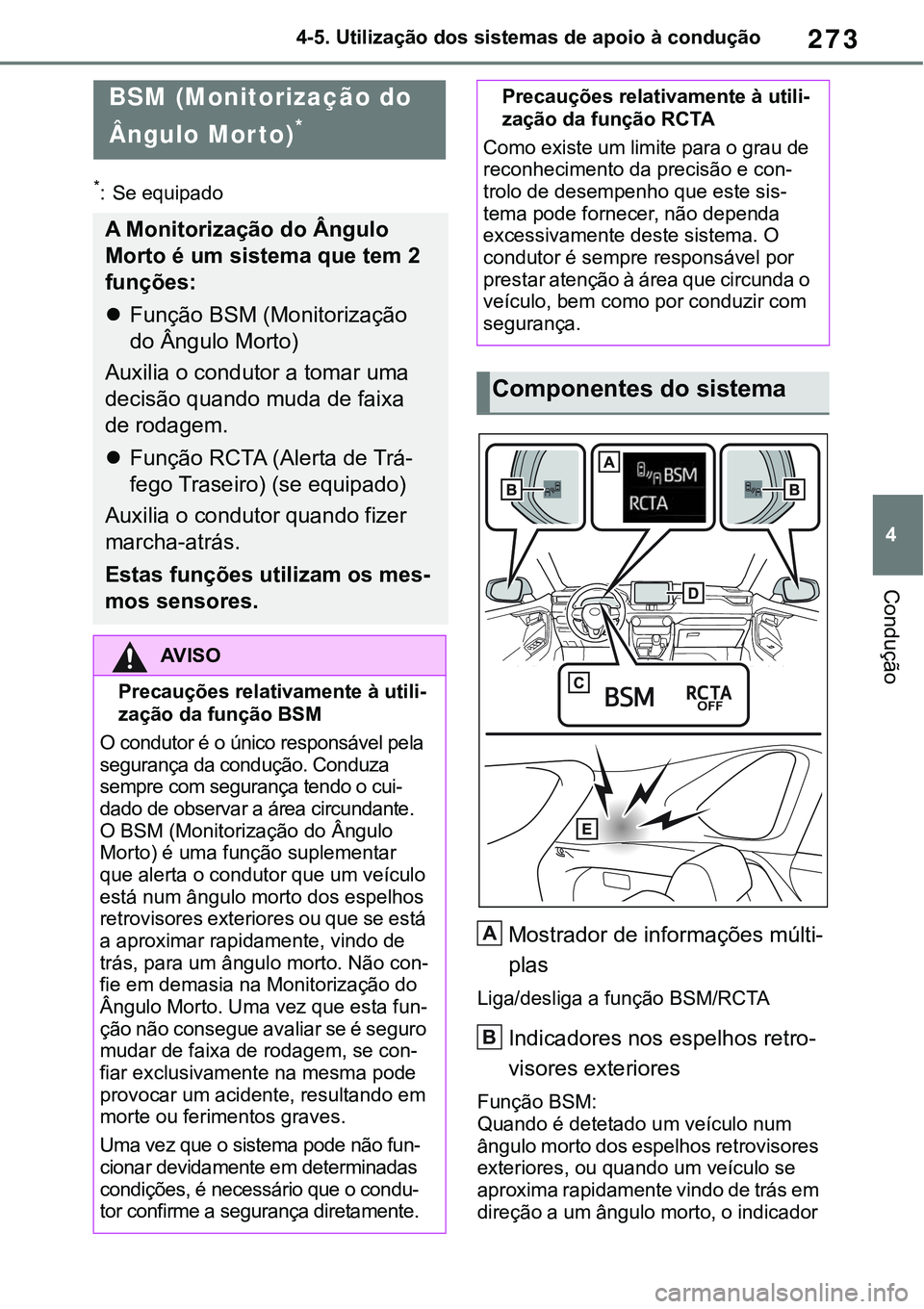 TOYOTA RAV4 2022 Manual de utilização (in Portuguese) 273
4 4-5. Utilização dos sistemas de apoio à condução
Condução
*: Se equipado
Mostrador de informações múlti-
plas
Liga/desliga a função BSM/RCTA
Indicadores nos espelhos retro-
visores e TOYOTA RAV4 2022 Manual de utilização (in Portuguese) 273
4 4-5. Utilização dos sistemas de apoio à condução
Condução
*: Se equipado
Mostrador de informações múlti-
plas
Liga/desliga a função BSM/RCTA
Indicadores nos espelhos retro-
visores e