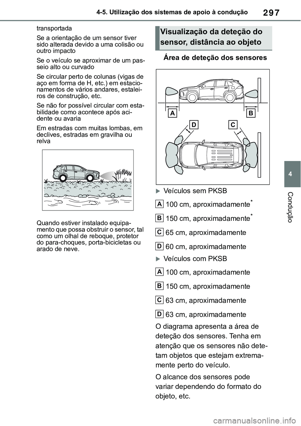 TOYOTA RAV4 2022 Manual de utilização (in Portuguese) 297
4 4-5. Utilização dos sistemas de apoio à condução
Condução
transportada
Se a orientação de um sensor tiver
sido alterada devido a uma colisão ou
outro impacto
Se o veículo se aproxim TOYOTA RAV4 2022 Manual de utilização (in Portuguese) 297
4 4-5. Utilização dos sistemas de apoio à condução
Condução
transportada
Se a orientação de um sensor tiver
sido alterada devido a uma colisão ou
outro impacto
Se o veículo se aproxim