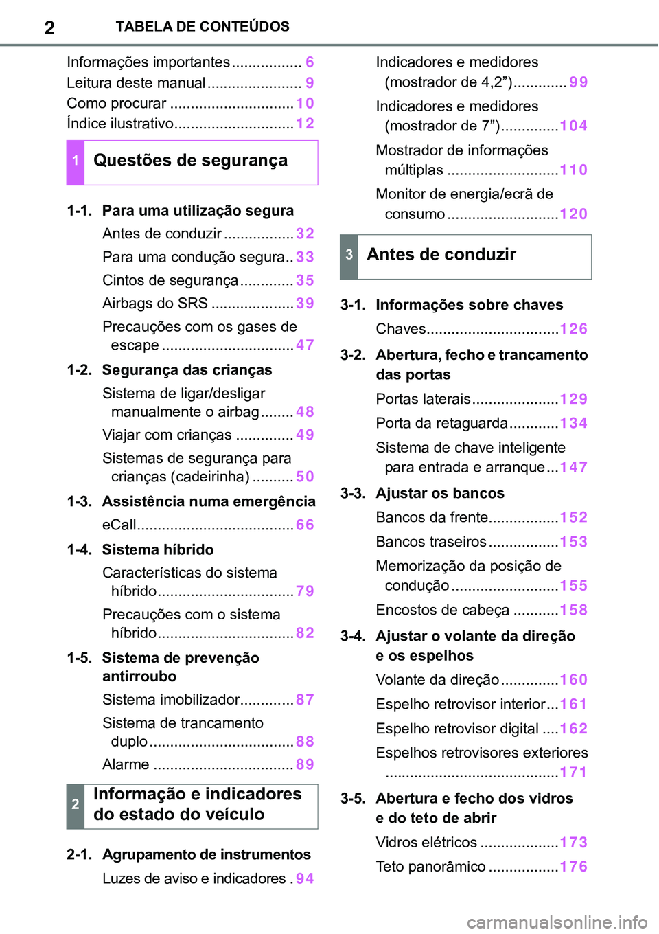 TOYOTA RAV4 2022 Manual de utilização (in Portuguese) 2TABELA DE CONTEÚDOS
Informações importantes .................6
Leitura deste manual .......................9
Como procurar ..............................10
Índice ilustrativo..................... TOYOTA RAV4 2022 Manual de utilização (in Portuguese) 2TABELA DE CONTEÚDOS
Informações importantes .................6
Leitura deste manual .......................9
Como procurar ..............................10
Índice ilustrativo.....................