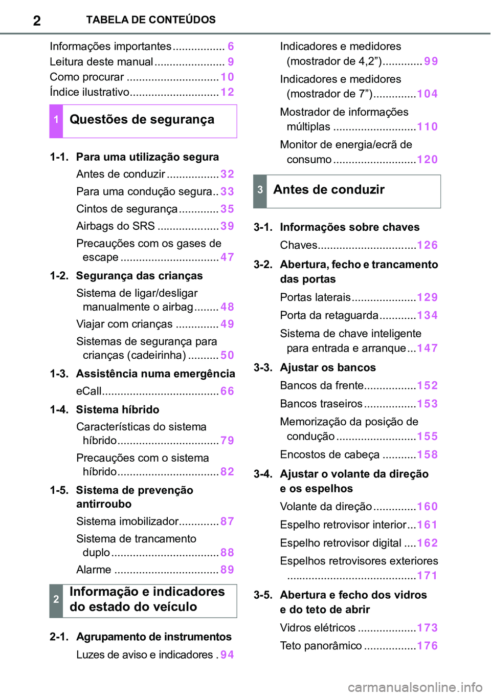 TOYOTA RAV4 2022  Manual de utilização (in Portuguese) 2TABELA DE CONTEÚDOS
Informações importantes .................6
Leitura deste manual .......................9
Como procurar ..............................10
Índice ilustrativo.....................