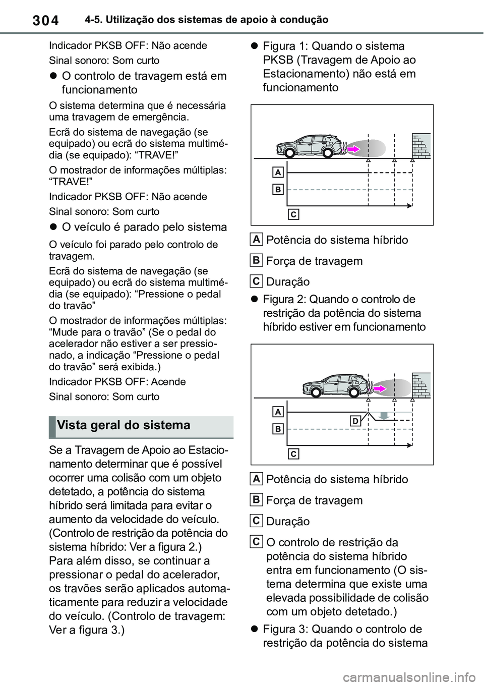 TOYOTA RAV4 2022 Manual de utilização (in Portuguese) 3044-5. Utilização dos sistemas de apoio à condução
Indicador PKSB OFF: Não acende
Sinal sonoro: Som curto
O controlo de travagem está em
funcionamento
O sistema determina que é necessári TOYOTA RAV4 2022 Manual de utilização (in Portuguese) 3044-5. Utilização dos sistemas de apoio à condução
Indicador PKSB OFF: Não acende
Sinal sonoro: Som curto
O controlo de travagem está em
funcionamento
O sistema determina que é necessári