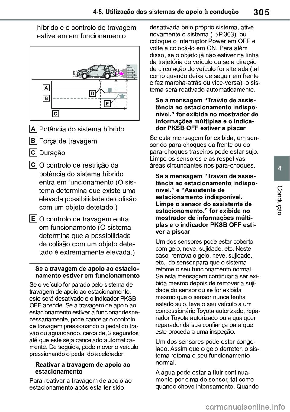 TOYOTA RAV4 2022 Manual de utilização (in Portuguese) 305
4 4-5. Utilização dos sistemas de apoio à condução
Condução
híbrido e o controlo de travagem
estiverem em funcionamento
Potência do sistema híbrido
Força de travagem
Duração
O contro TOYOTA RAV4 2022 Manual de utilização (in Portuguese) 305
4 4-5. Utilização dos sistemas de apoio à condução
Condução
híbrido e o controlo de travagem
estiverem em funcionamento
Potência do sistema híbrido
Força de travagem
Duração
O contro