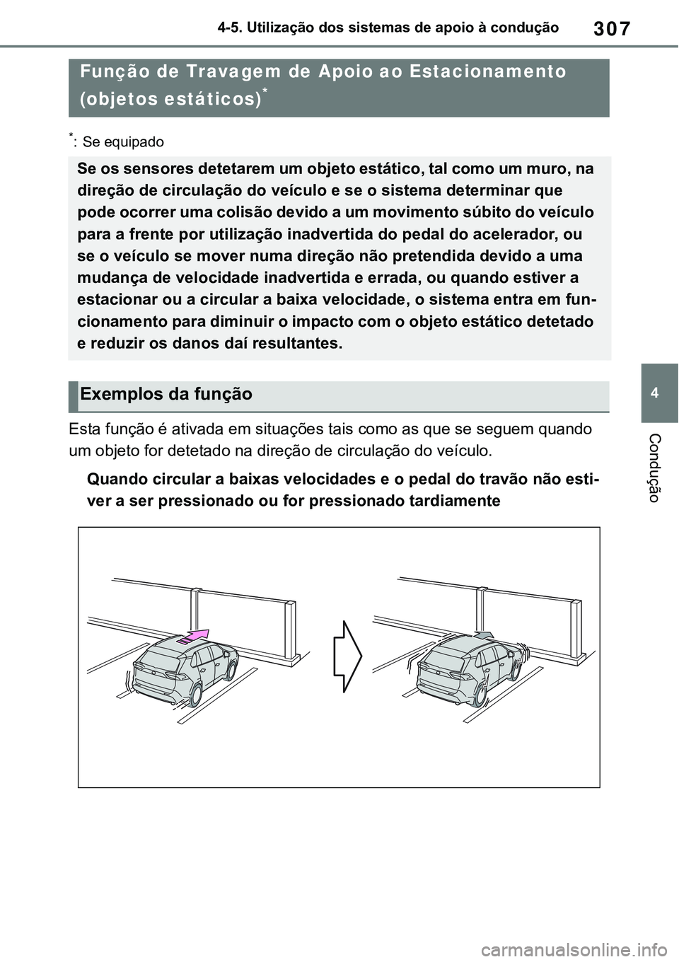 TOYOTA RAV4 2022 Manual de utilização (in Portuguese) 307
4 4-5. Utilização dos sistemas de apoio à condução
Condução
*: Se equipado
Esta função é ativada em situações tais como as que se seguem quando
um objeto for detetado na direção de TOYOTA RAV4 2022 Manual de utilização (in Portuguese) 307
4 4-5. Utilização dos sistemas de apoio à condução
Condução
*: Se equipado
Esta função é ativada em situações tais como as que se seguem quando
um objeto for detetado na direção de