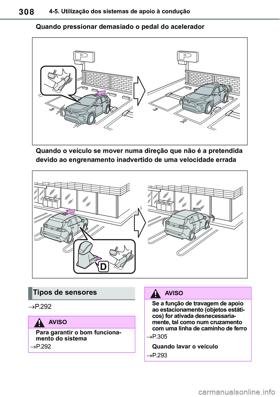 TOYOTA RAV4 2022 Manual de utilização (in Portuguese) 3084-5. Utilização dos sistemas de apoio à condução
Quando pressionar demasiado o pedal do acelerador
Quando o veículo se mover numa direção que não é a pretendida
devido ao engrenamento i TOYOTA RAV4 2022 Manual de utilização (in Portuguese) 3084-5. Utilização dos sistemas de apoio à condução
Quando pressionar demasiado o pedal do acelerador
Quando o veículo se mover numa direção que não é a pretendida
devido ao engrenamento i