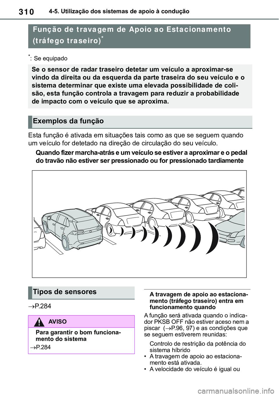 TOYOTA RAV4 2022 Manual de utilização (in Portuguese) 3104-5. Utilização dos sistemas de apoio à condução
*: Se equipado
Esta função é ativada em situações tais como as que se seguem quando
um veículo for detetado na direção de circulação TOYOTA RAV4 2022 Manual de utilização (in Portuguese) 3104-5. Utilização dos sistemas de apoio à condução
*: Se equipado
Esta função é ativada em situações tais como as que se seguem quando
um veículo for detetado na direção de circulação