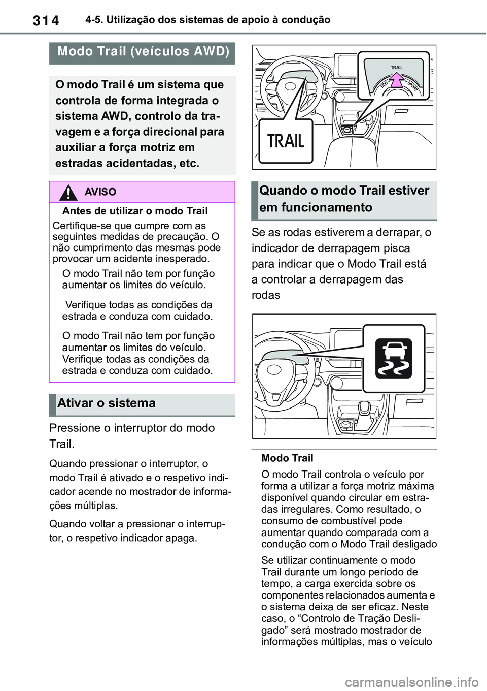 TOYOTA RAV4 2022 Manual de utilização (in Portuguese) 3144-5. Utilização dos sistemas de apoio à condução
Pressione o interruptor do modo
Trail.
Quando pressionar o interruptor, o
modo Trail é ativado e o respetivo indi
-
cador acende no mostrado TOYOTA RAV4 2022 Manual de utilização (in Portuguese) 3144-5. Utilização dos sistemas de apoio à condução
Pressione o interruptor do modo
Trail.
Quando pressionar o interruptor, o
modo Trail é ativado e o respetivo indi
-
cador acende no mostrado