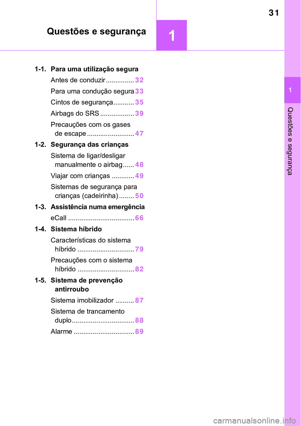 TOYOTA RAV4 2022 Manual de utilização (in Portuguese) 1
31
1
Questões e segurança
Questões e segurança
1-1. Para uma utilização segura
Antes de conduzir ...............32
Para uma condução segura33
Cintos de segurança...........35
Airbags do SRS TOYOTA RAV4 2022 Manual de utilização (in Portuguese) 1
31
1
Questões e segurança
Questões e segurança
1-1. Para uma utilização segura
Antes de conduzir ...............32
Para uma condução segura33
Cintos de segurança...........35
Airbags do SRS