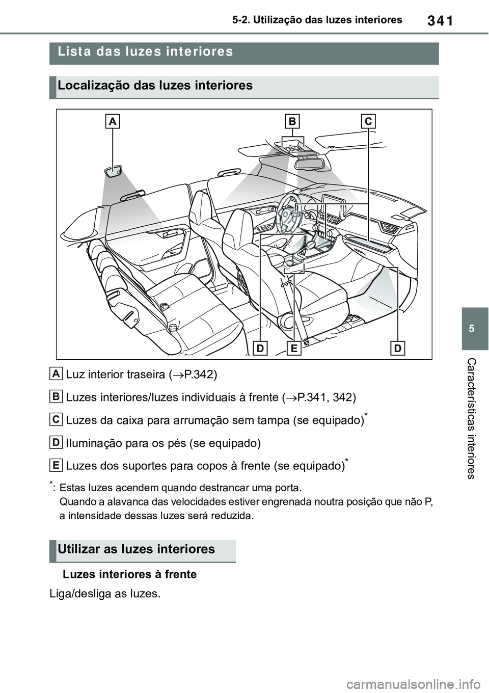 TOYOTA RAV4 2022 Manual de utilização (in Portuguese) 341
5 5-2. Utilização das luzes interiores
Características interiores
5-2.Using the interior lights
Luz interior traseira (P.342)
Luzes interiores/luzes individuais à frente (P. 3 4 1, 342)
TOYOTA RAV4 2022 Manual de utilização (in Portuguese) 341
5 5-2. Utilização das luzes interiores
Características interiores
5-2.Using the interior lights
Luz interior traseira (P.342)
Luzes interiores/luzes individuais à frente (P. 3 4 1, 342)
