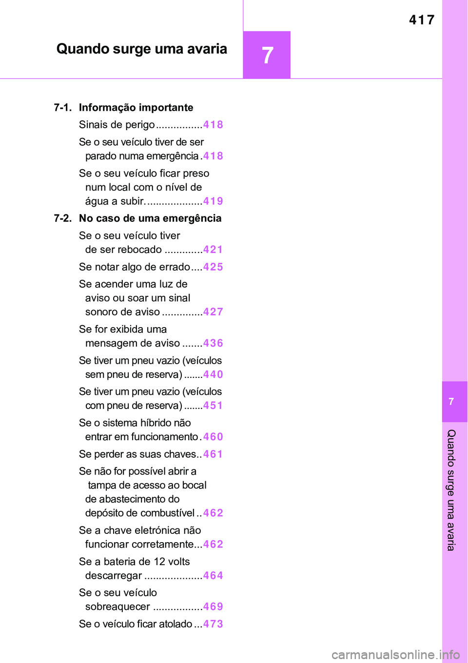 TOYOTA RAV4 2022 Manual de utilização (in Portuguese) 7
417
7
Quando surge uma avaria
Quando surge uma avaria
7-1. Informação importante
Sinais de perigo ................418
Se o seu veículo tiver de ser
parado numa emergência .
418
Se o seu veícul TOYOTA RAV4 2022 Manual de utilização (in Portuguese) 7
417
7
Quando surge uma avaria
Quando surge uma avaria
7-1. Informação importante
Sinais de perigo ................418
Se o seu veículo tiver de ser
parado numa emergência .
418
Se o seu veícul
