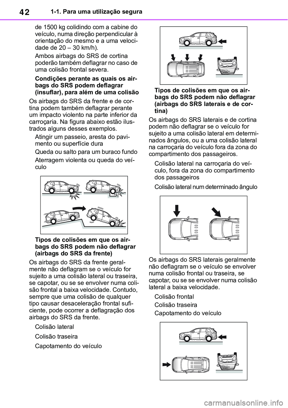 TOYOTA RAV4 2022 Manual de utilização (in Portuguese) 421-1. Para uma utilização segura
de 1500 kg colidindo com a cabine do
veículo, numa direção perpendicular à
orientação do mesmo e a uma veloci
-
dade de 20 – 30 km/h).
Ambos airbags do SR TOYOTA RAV4 2022 Manual de utilização (in Portuguese) 421-1. Para uma utilização segura
de 1500 kg colidindo com a cabine do
veículo, numa direção perpendicular à
orientação do mesmo e a uma veloci
-
dade de 20 – 30 km/h).
Ambos airbags do SR