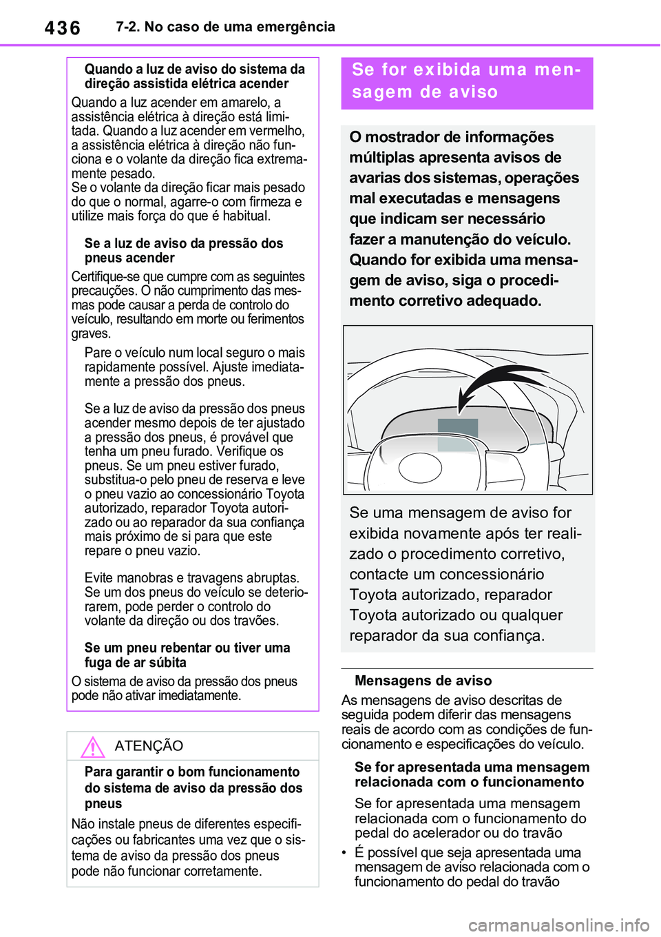 TOYOTA RAV4 2022 Manual de utilização (in Portuguese) 4367-2. No caso de uma emergência
Mensagens de aviso
As mensagens de aviso descritas de
seguida podem diferir das mensagens
reais de acordo com as condições de fun
-cionamento e especificações TOYOTA RAV4 2022 Manual de utilização (in Portuguese) 4367-2. No caso de uma emergência
Mensagens de aviso
As mensagens de aviso descritas de
seguida podem diferir das mensagens
reais de acordo com as condições de fun
-cionamento e especificações