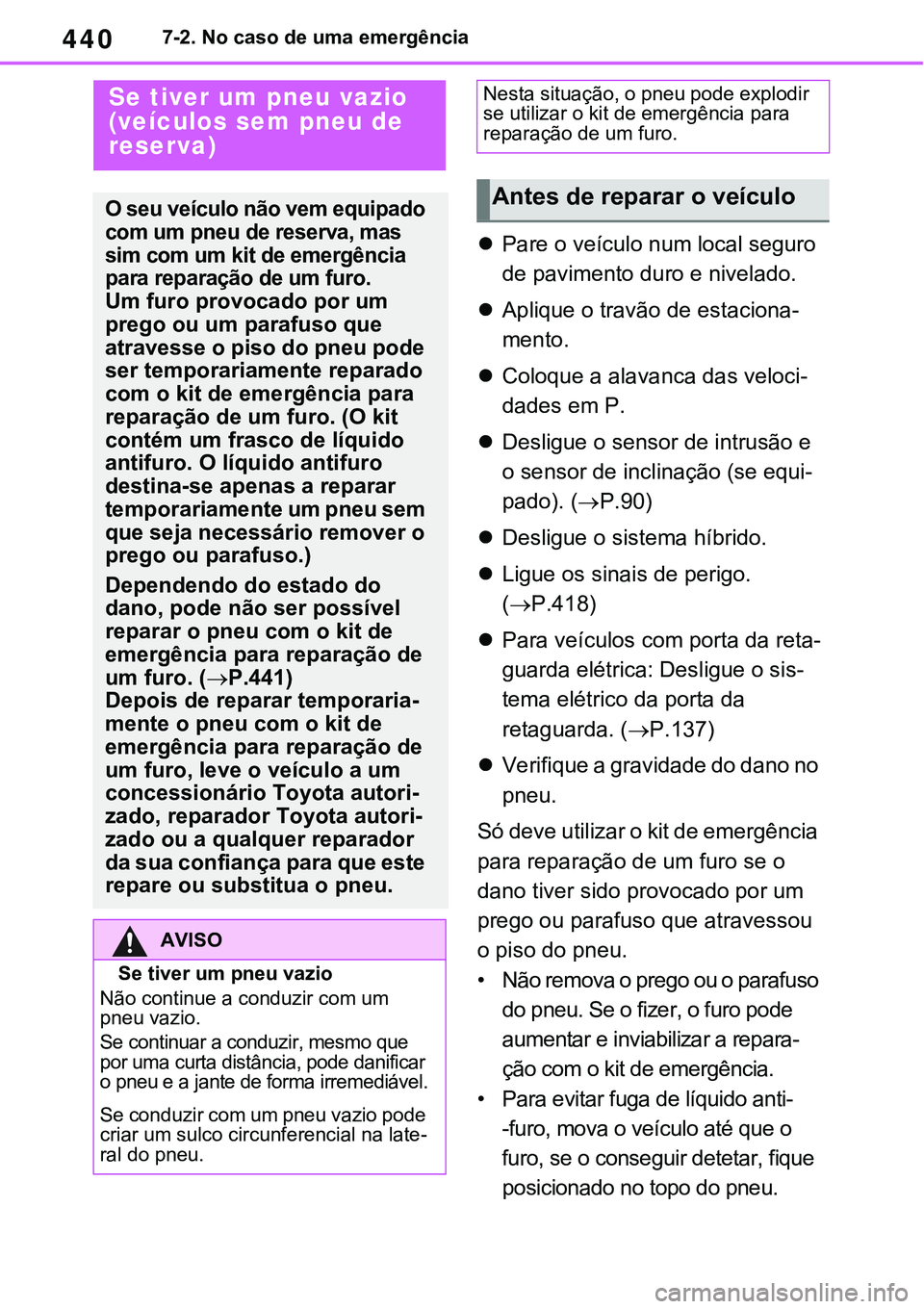 TOYOTA RAV4 2022  Manual de utilização (in Portuguese) 4407-2. No caso de uma emergência
Pare o veículo num local seguro 
de pavimento duro e nivelado.
Aplique o travão de estaciona-
mento.
Coloque a alavanca das veloci-
dades em P.
Desligu