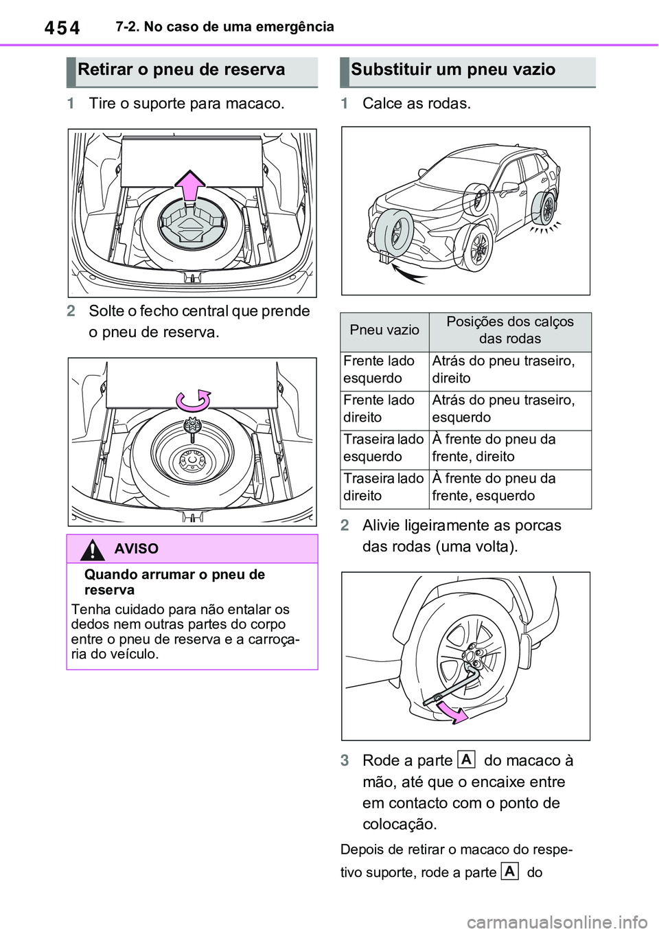 TOYOTA RAV4 2022 Manual de utilização (in Portuguese) 4547-2. No caso de uma emergência
1Tire o suporte para macaco.
2Solte o fecho central que prende
o pneu de reserva.
1Calce as rodas.
2Alivie ligeiramente as porcas
das rodas (uma volta).
3Rode a pa TOYOTA RAV4 2022 Manual de utilização (in Portuguese) 4547-2. No caso de uma emergência
1Tire o suporte para macaco.
2Solte o fecho central que prende
o pneu de reserva.
1Calce as rodas.
2Alivie ligeiramente as porcas
das rodas (uma volta).
3Rode a pa