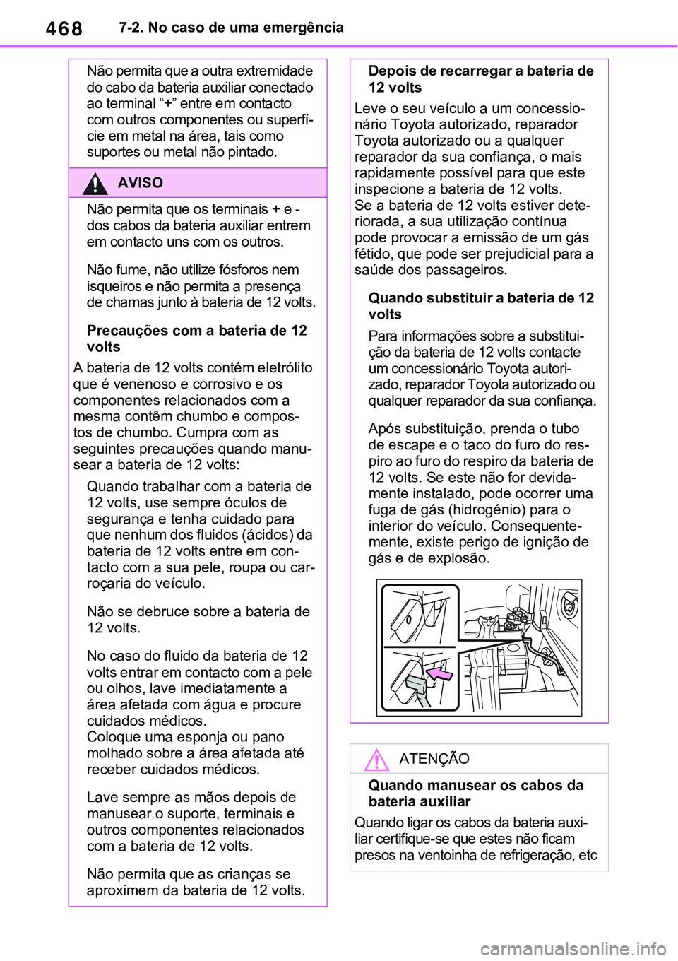 TOYOTA RAV4 2022 Manual de utilização (in Portuguese) 4687-2. No caso de uma emergência
Não permita que a outra extremidade
do cabo da bateria auxiliar conectado
ao terminal “+” entre em contacto
com outros componentes ou superfí
-
cie em metal TOYOTA RAV4 2022 Manual de utilização (in Portuguese) 4687-2. No caso de uma emergência
Não permita que a outra extremidade
do cabo da bateria auxiliar conectado
ao terminal “+” entre em contacto
com outros componentes ou superfí
-
cie em metal