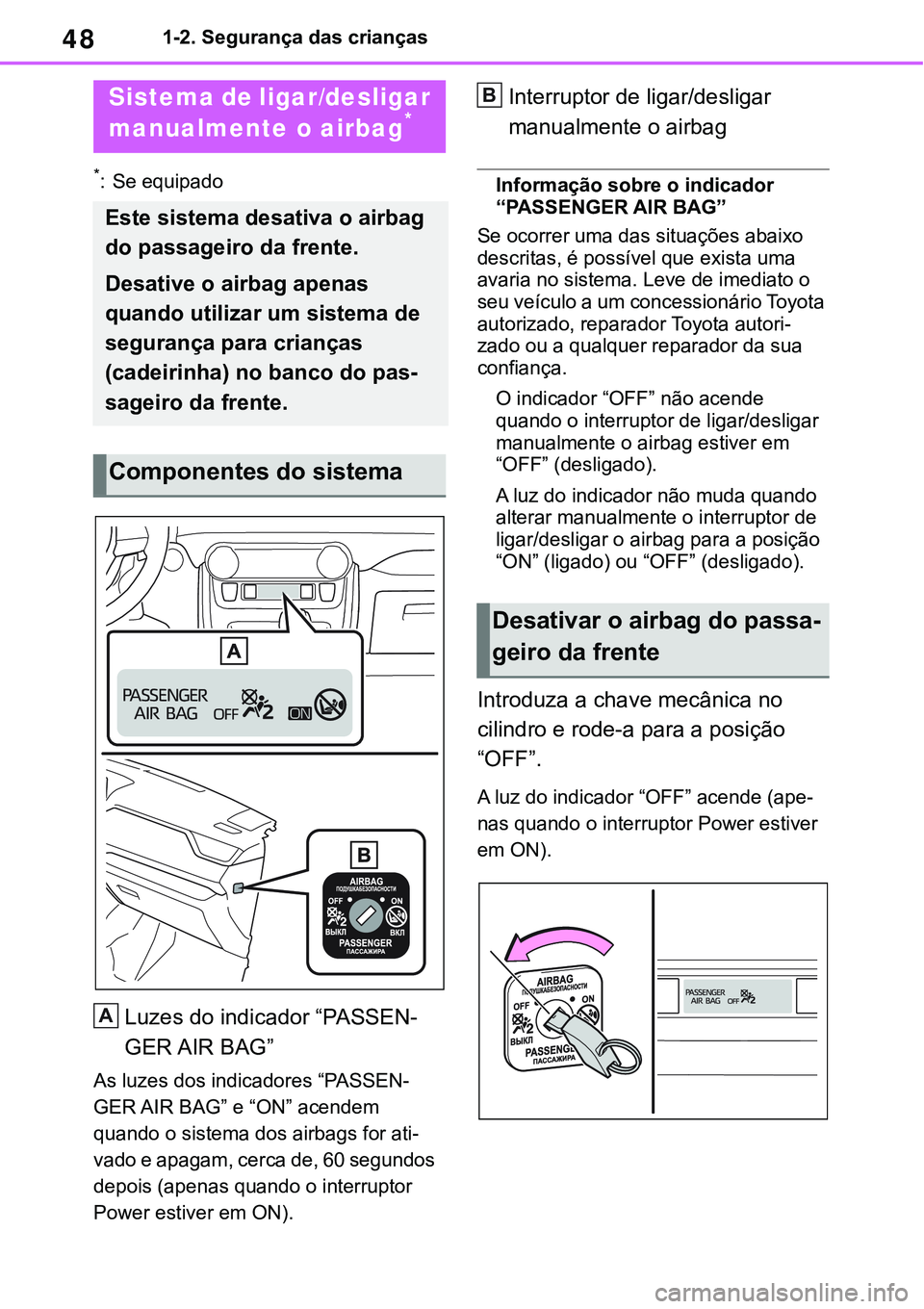 TOYOTA RAV4 2022 Manual de utilização (in Portuguese) 481-2. Segurança das crianças
1-2.Child safety
*: Se equipado
Luzes do indicador “PASSEN-
GER AIR BAG”
As luzes dos indicadores “PASSEN-
GER AIR BAG” e “ON” acendem
quando o sistema dos TOYOTA RAV4 2022 Manual de utilização (in Portuguese) 481-2. Segurança das crianças
1-2.Child safety
*: Se equipado
Luzes do indicador “PASSEN-
GER AIR BAG”
As luzes dos indicadores “PASSEN-
GER AIR BAG” e “ON” acendem
quando o sistema dos